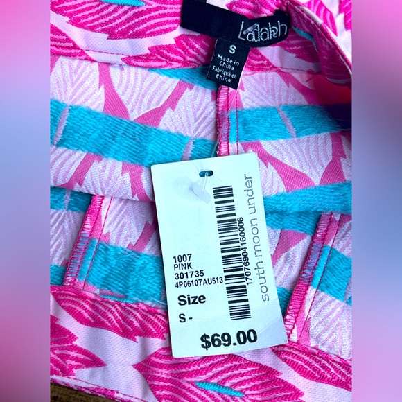 Ladakh Pink Green Feather Leaves Jaquard Patterned Shorts Small NWT Hi Rise wht - Picture 2 of 5